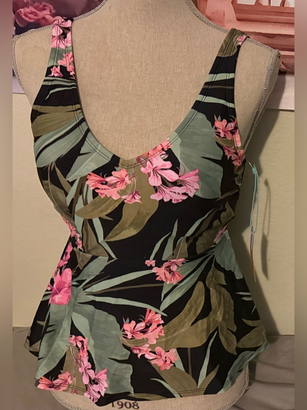 Floral Scoop Neck Peplum Tank Top - Pink Floral Bathing Suit